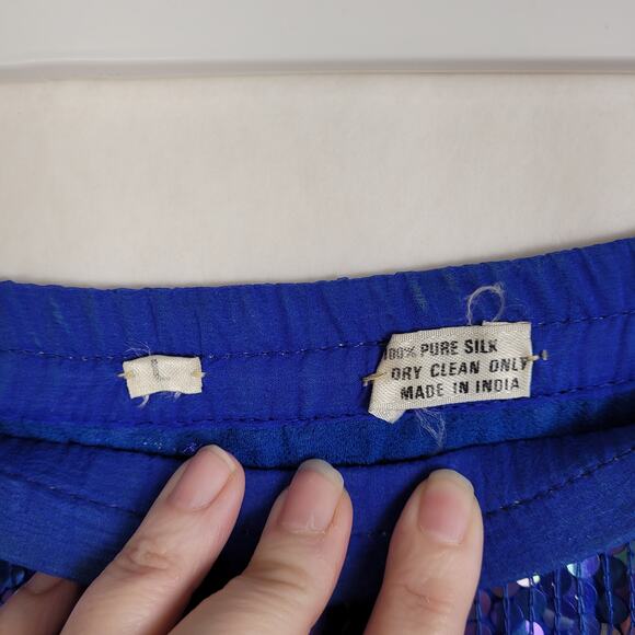 Vintage womens blue silk beaded sequined flapper fringe midi skirt Size L Flawed - Picture 3 of 8